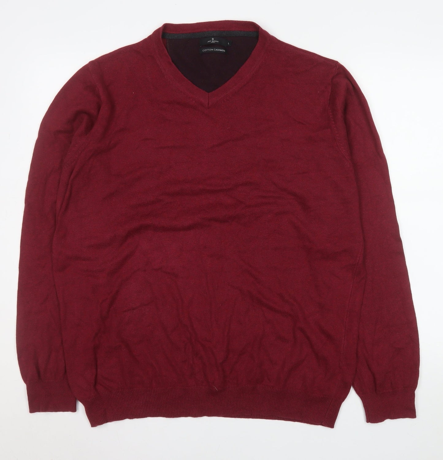 Jeff Banks Men's Red V-Neck Cotton Cashmere Pullover Sweater Size L