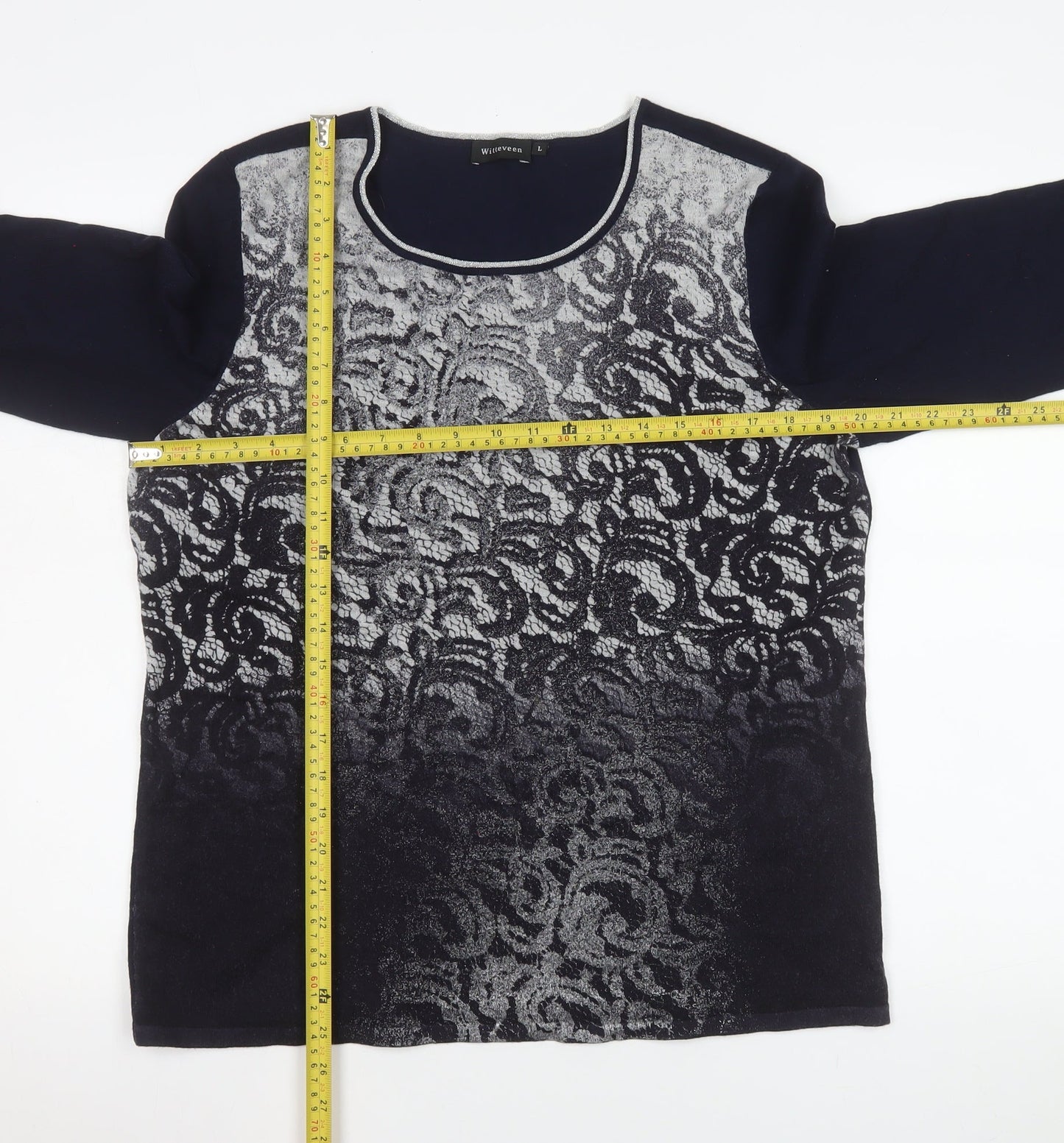 Witteveen Women’s Blue Floral Metallic Knit Long Sleeve Top L