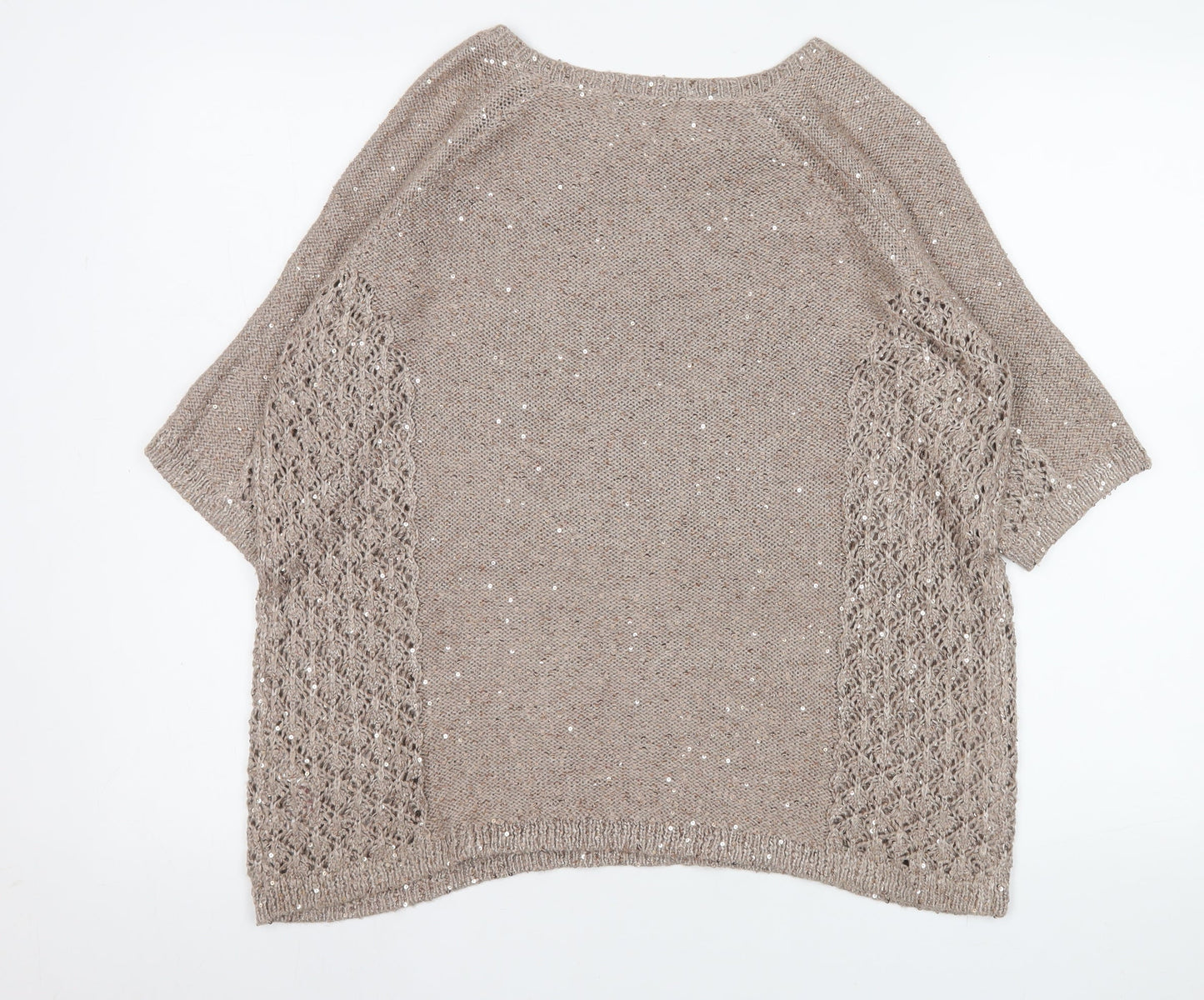 Monsoon Women Beige Sequin Knit Short Sleeve Pullover Jumper L
