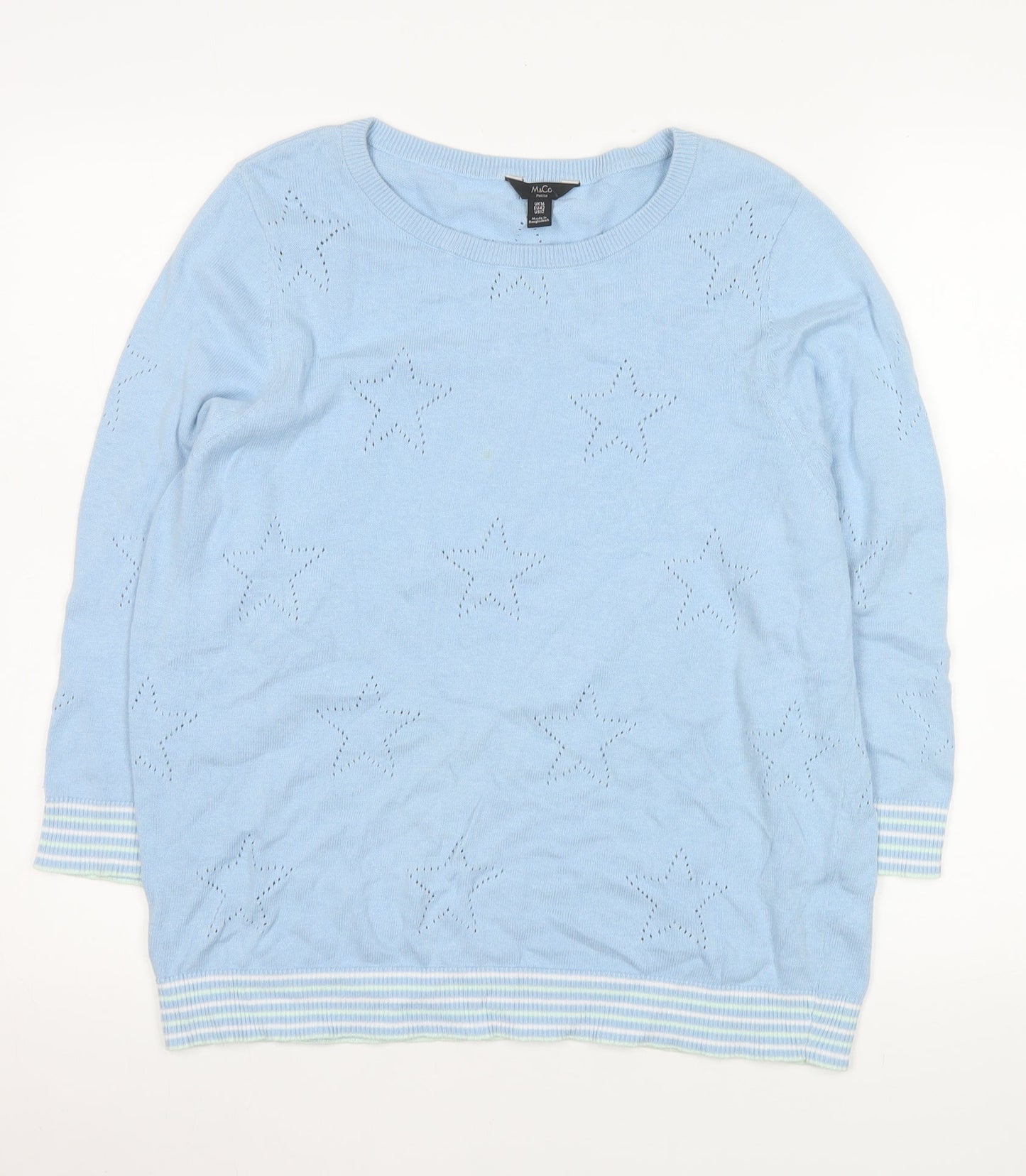 M&Co Women Blue Star Knit Cotton Pullover Sweater UK 16 Petite