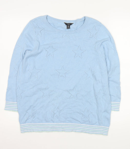 M&Co Women Blue Star Knit Cotton Pullover Sweater UK 16 Petite