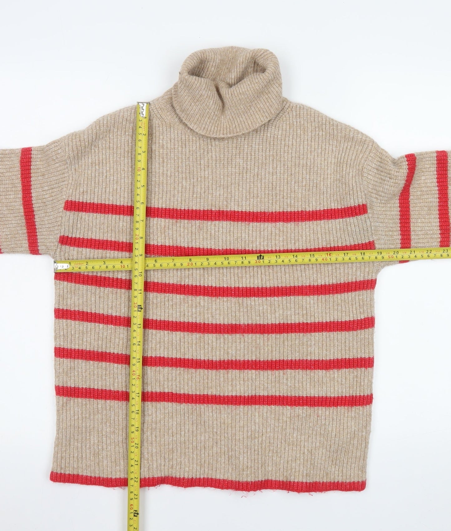 Marks and Spencer Women’s Beige Roll Neck Striped Jumper Size S