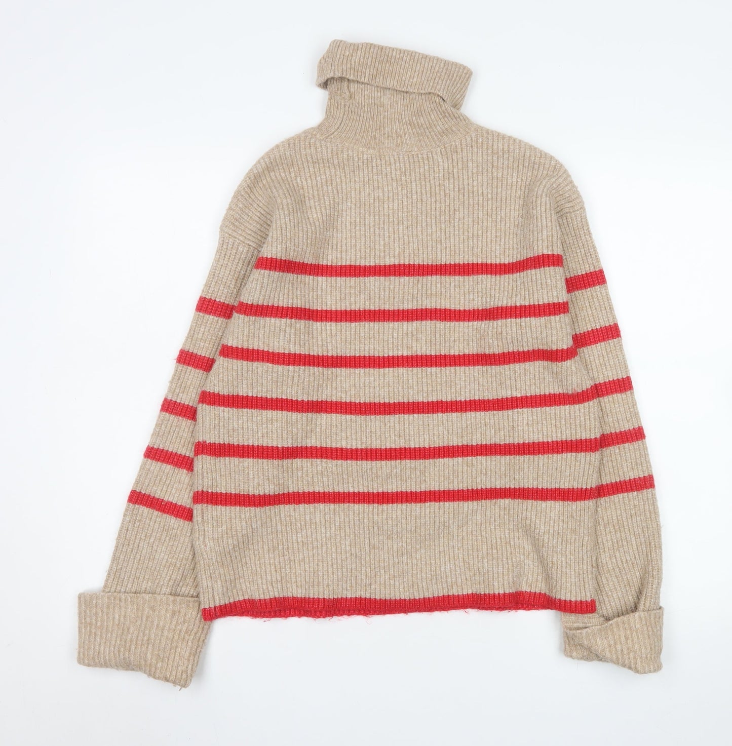 Marks and Spencer Women’s Beige Roll Neck Striped Jumper Size S