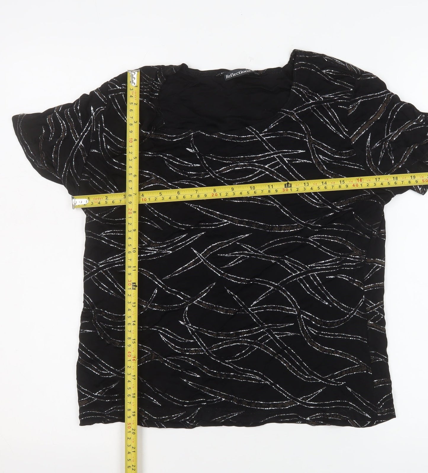 Reflections Womens Black Glitter Patterned Short Sleeve Top L