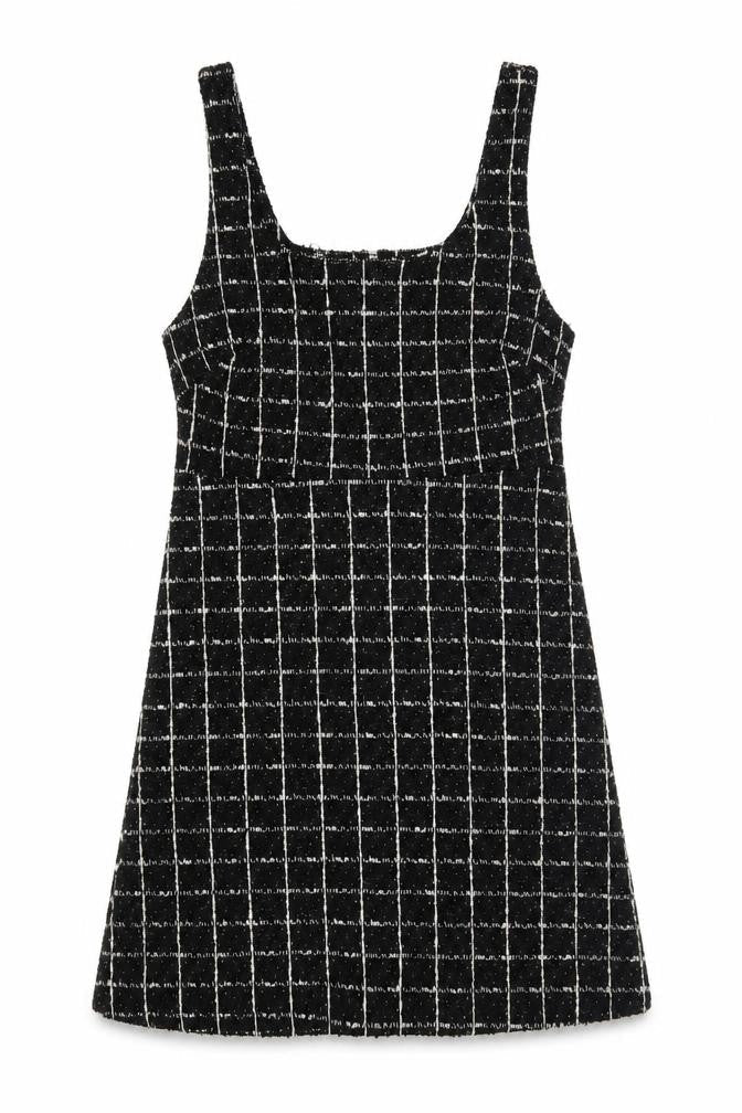 Mango Women's Black Check Tweed Sleeveless Shift Dress Size 8