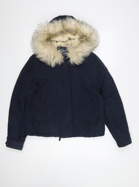 ONLY Women Blue Faux Fur Hooded Parka Jacket Size M Winter Casual
