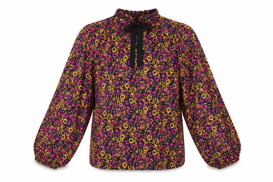 Front view of Gallery women’s multicoloured floral long sleeve bow neck blouse, size UK 10