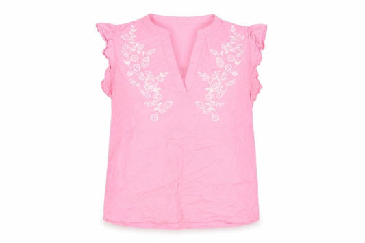 Front view of Dunnes Women Pink Embroidered Floral Sleeveless Tunic Blouse, size S