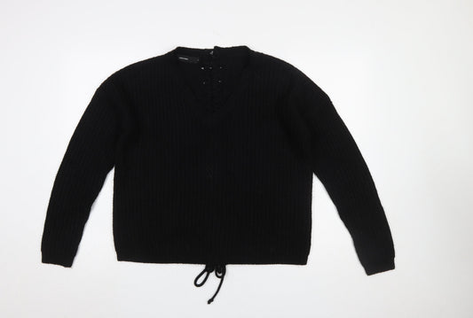 Vero Moda Women’s Black Chunky-Knit V-Neck Lace Up Jumper Size S