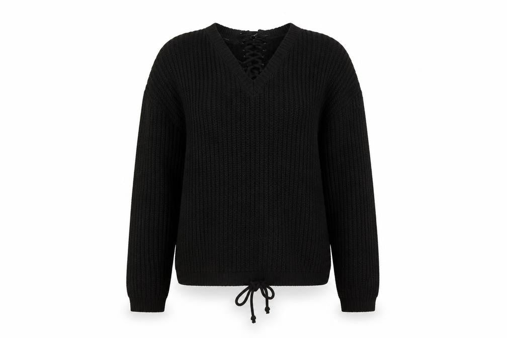 Vero Moda Women’s Black Chunky-Knit V-Neck Lace Up Jumper Size S