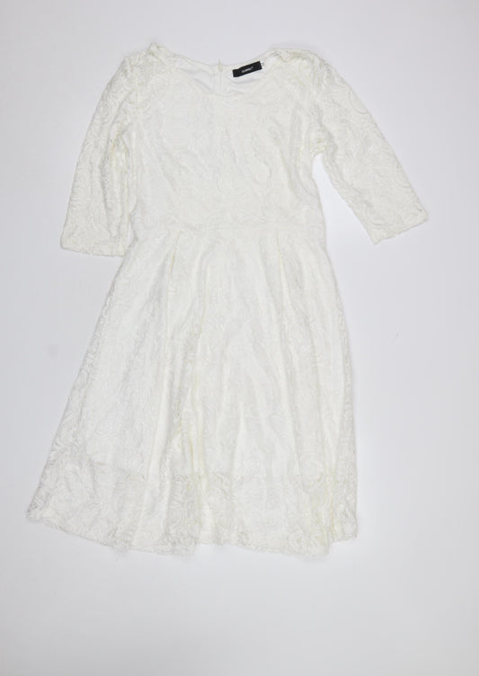 Allandwell Womens White Lace Fit & Flare Dress M 3/4 Sleeve Wedding Party