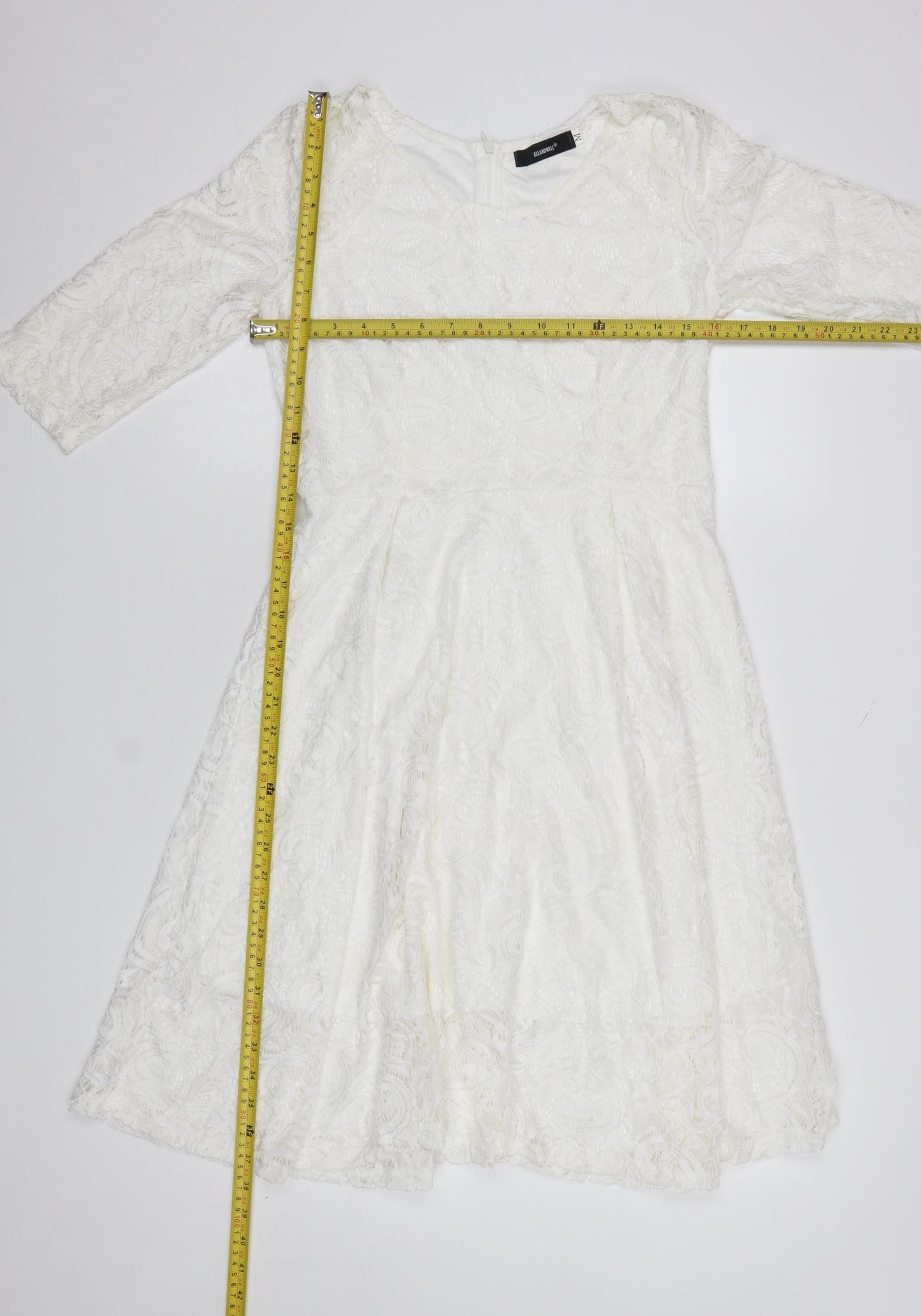 Allandwell Womens White Lace Fit & Flare Dress M 3/4 Sleeve Wedding Party