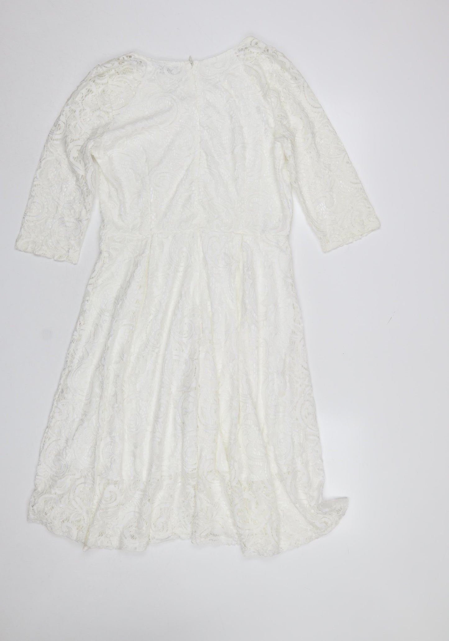 Allandwell Womens White Lace Fit & Flare Dress M 3/4 Sleeve Wedding Party