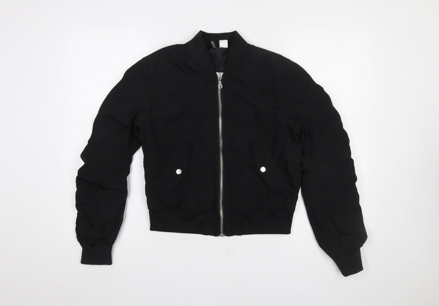 H&M Women Black Bomber Jacket Size 6 Polyester Lined Zip Short Casual