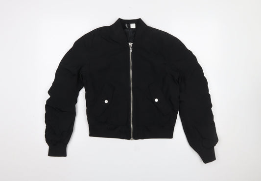 H&M Women Black Bomber Jacket Size 6 Polyester Lined Zip Short Casual