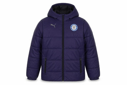 Front view of Puma boys’ blue stockport county fc hooded puffer jacket 11-12 years