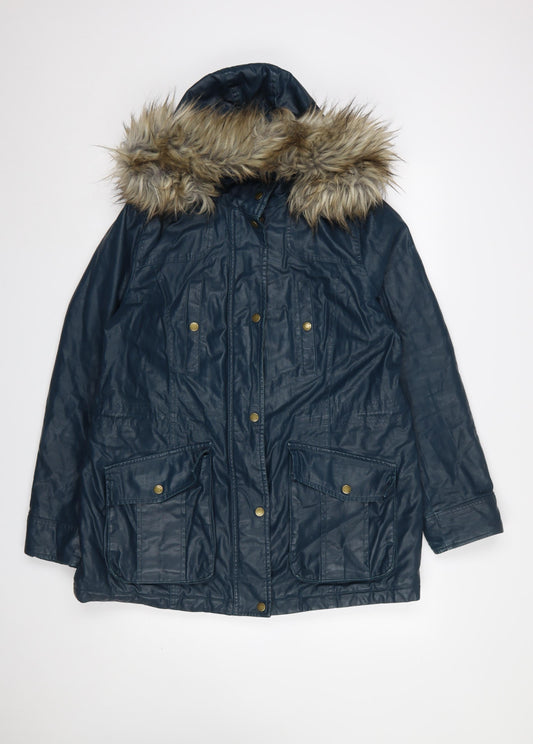 Marks and Spencer Women Blue Faux Fur Hooded Parka Coat Size 14
