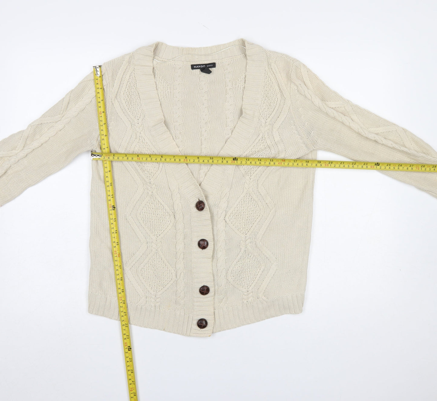 Mango Women Beige Cotton Cable-Knit V-Neck Cardigan Size 12