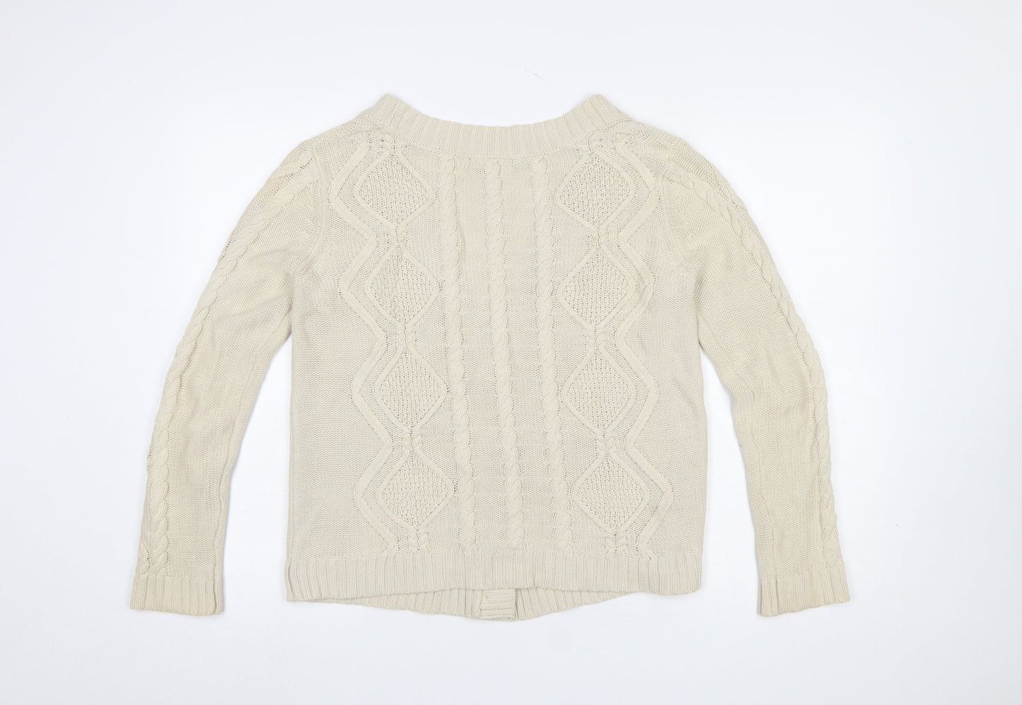 Mango Women Beige Cotton Cable-Knit V-Neck Cardigan Size 12