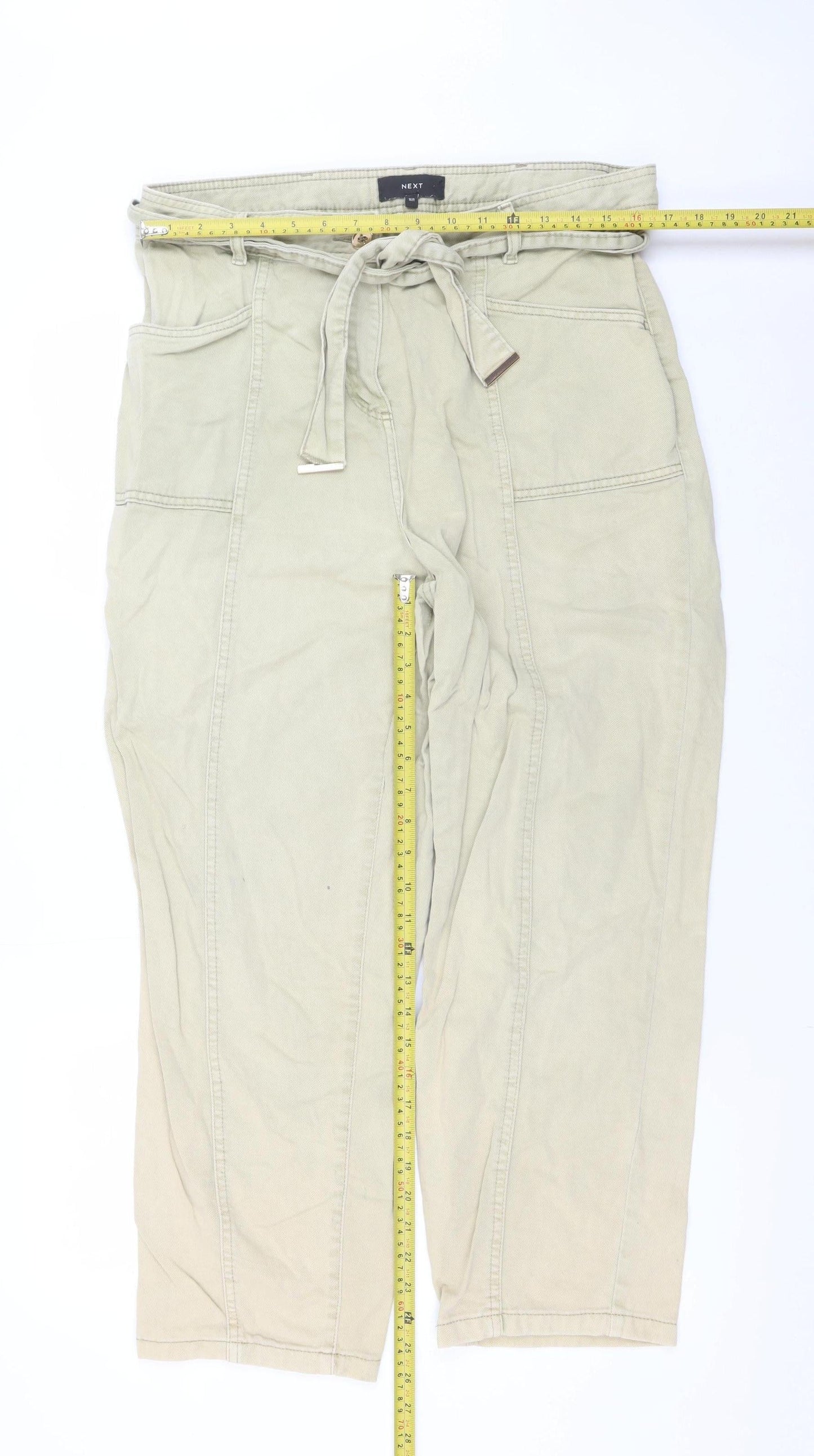 Next Women's Beige Paperbag High Waist Tapered Trousers Size 16