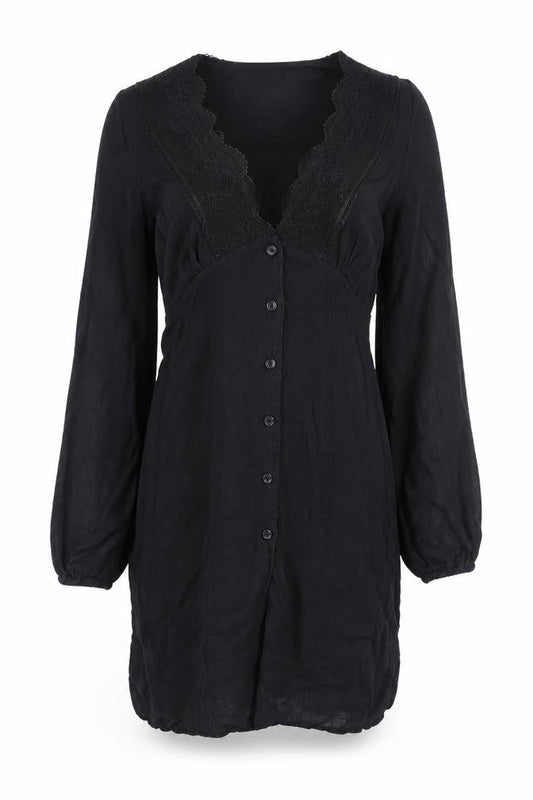 Zara Women Black XS Lace V-Neck Long Sleeve Shirt Dress