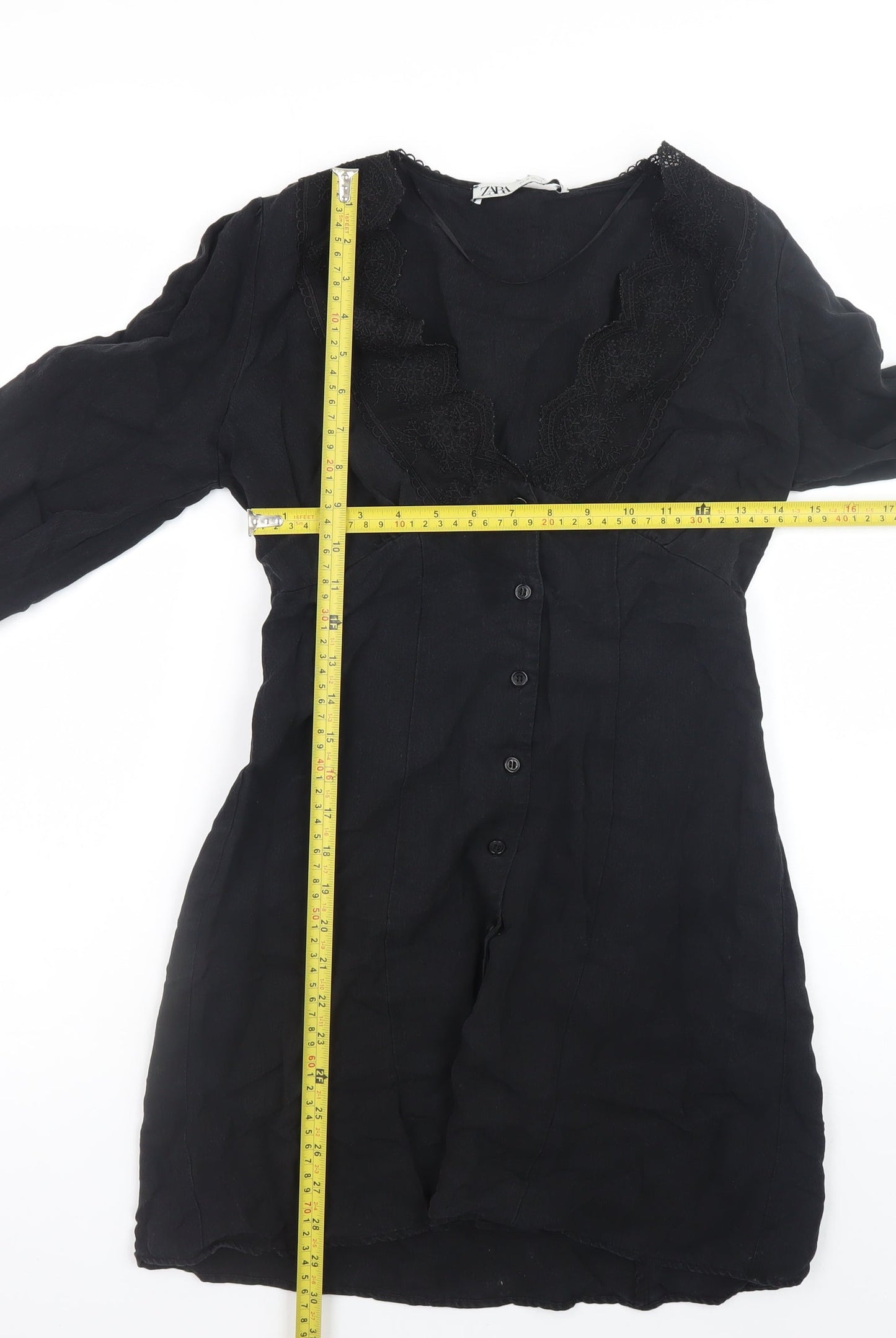 Zara Women Black XS Lace V-Neck Long Sleeve Shirt Dress