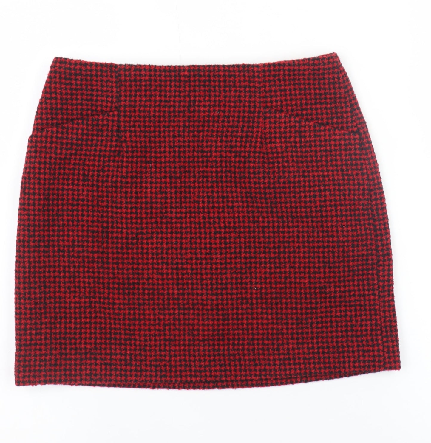 MNG Women's Red Houndstooth Wool Blend Short Pencil Skirt Size S