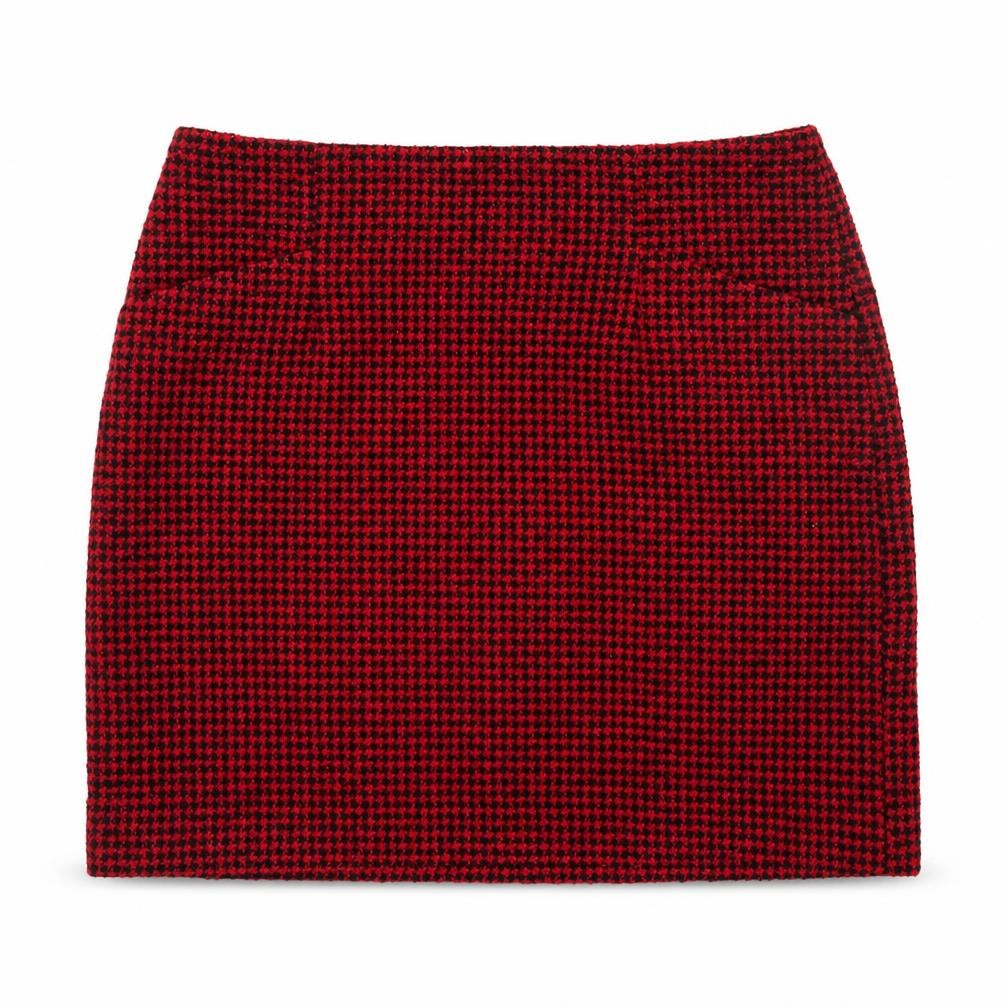 MNG Women's Red Houndstooth Wool Blend Short Pencil Skirt Size S