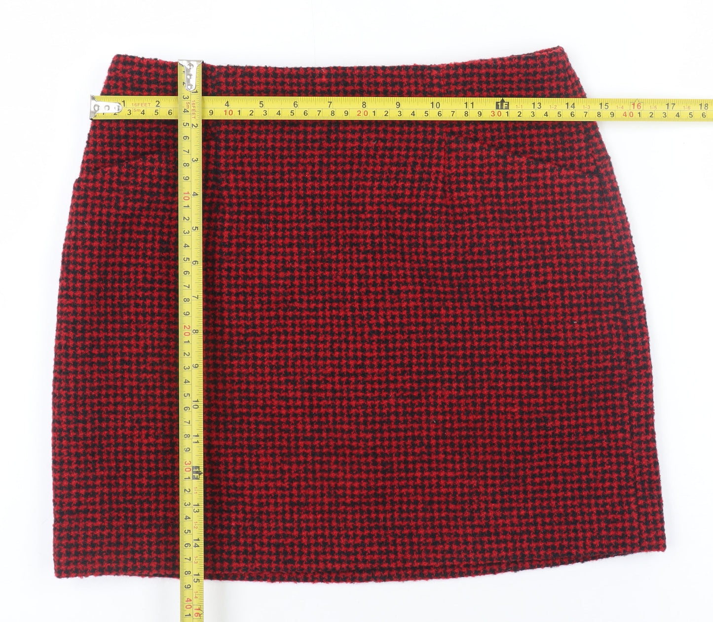 MNG Women's Red Houndstooth Wool Blend Short Pencil Skirt Size S