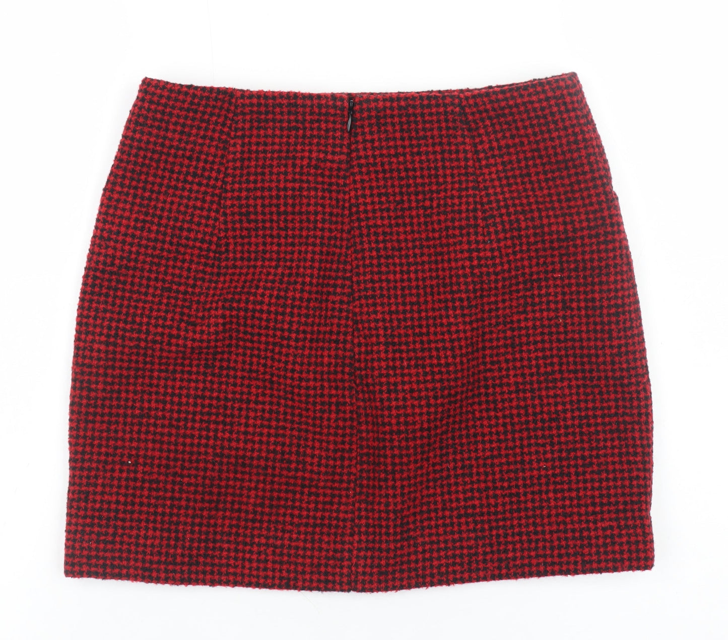 MNG Women's Red Houndstooth Wool Blend Short Pencil Skirt Size S