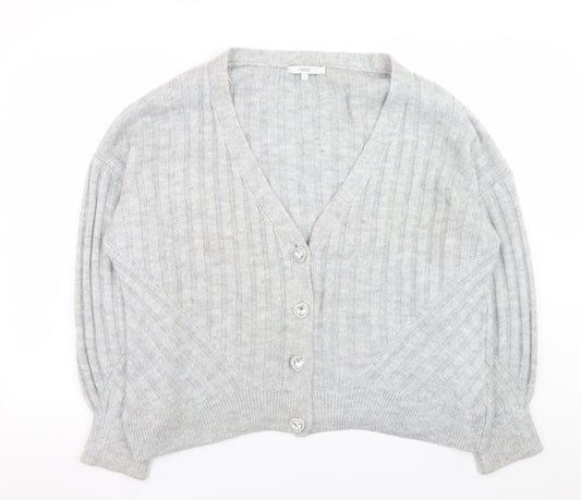 Next Women Grey Acrylic Blend V-Neck Button Cardigan Size 16