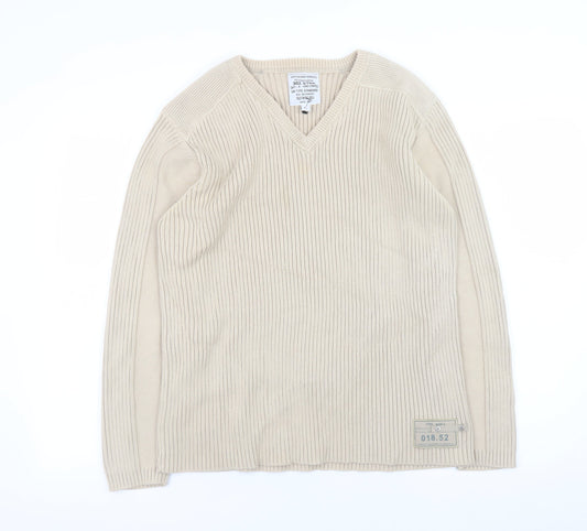 Next Men's Beige Cotton V-Neck Ribbed Jumper Size L Vintage Style Knitwear