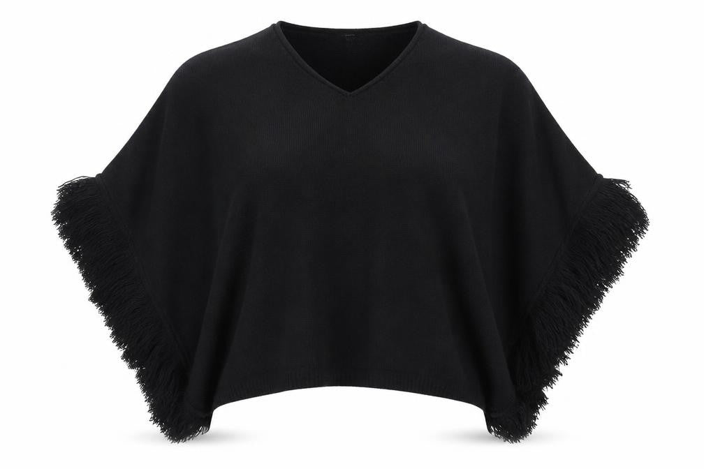 Accessorize Women Black Knitted Fringe Cape One Size V-Neck Poncho