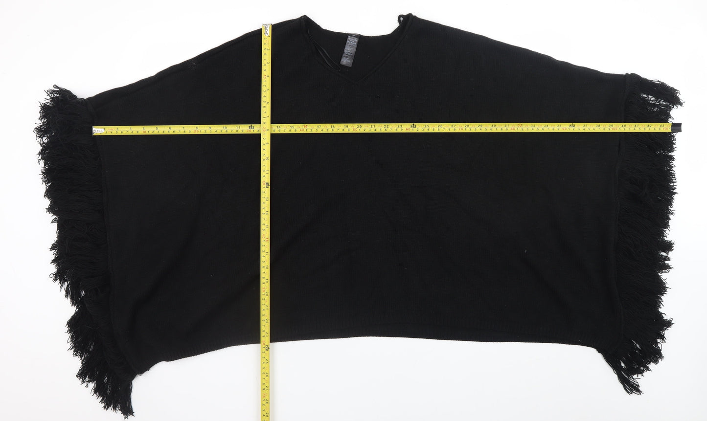 Accessorize Women Black Knitted Fringe Cape One Size V-Neck Poncho