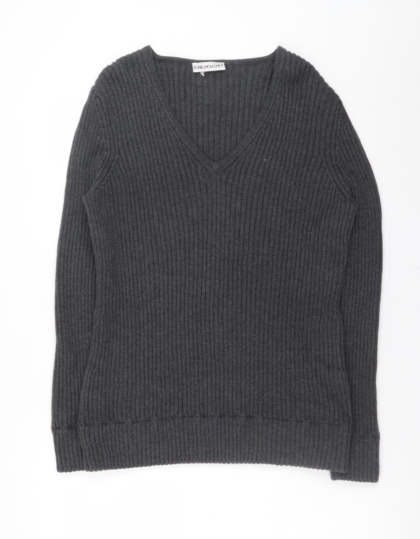 Apriori Women Grey Wool V-Neck Rib Knit Long Sleeve Jumper XL