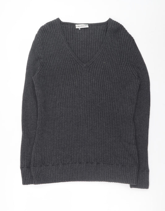 Apriori Women Grey Wool V-Neck Rib Knit Long Sleeve Jumper XL