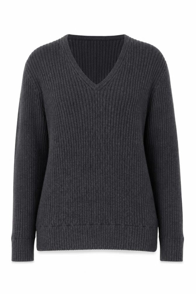 Apriori Women Grey Wool V-Neck Rib Knit Long Sleeve Jumper XL