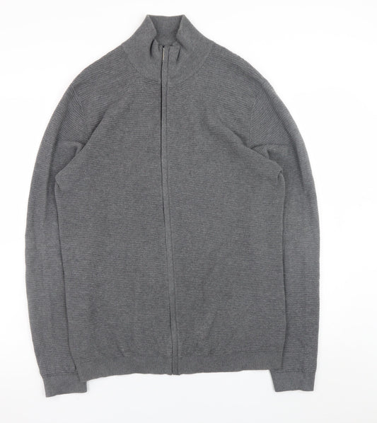 Selected Homme Men's Grey Full Zip High Neck Cotton Jumper Size M
