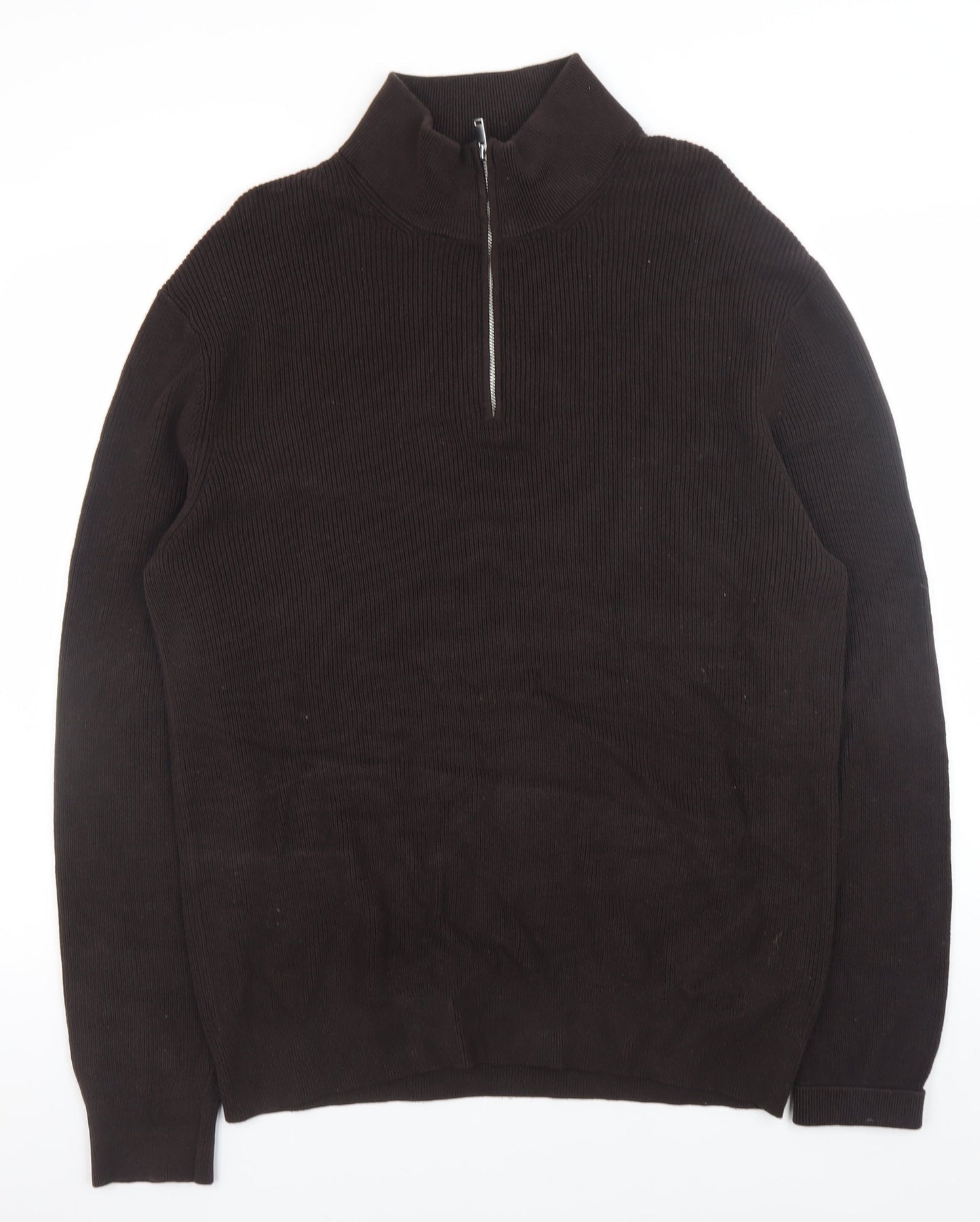 H&M Women Brown High Neck 1/2 Zip Cotton Knit Jumper L