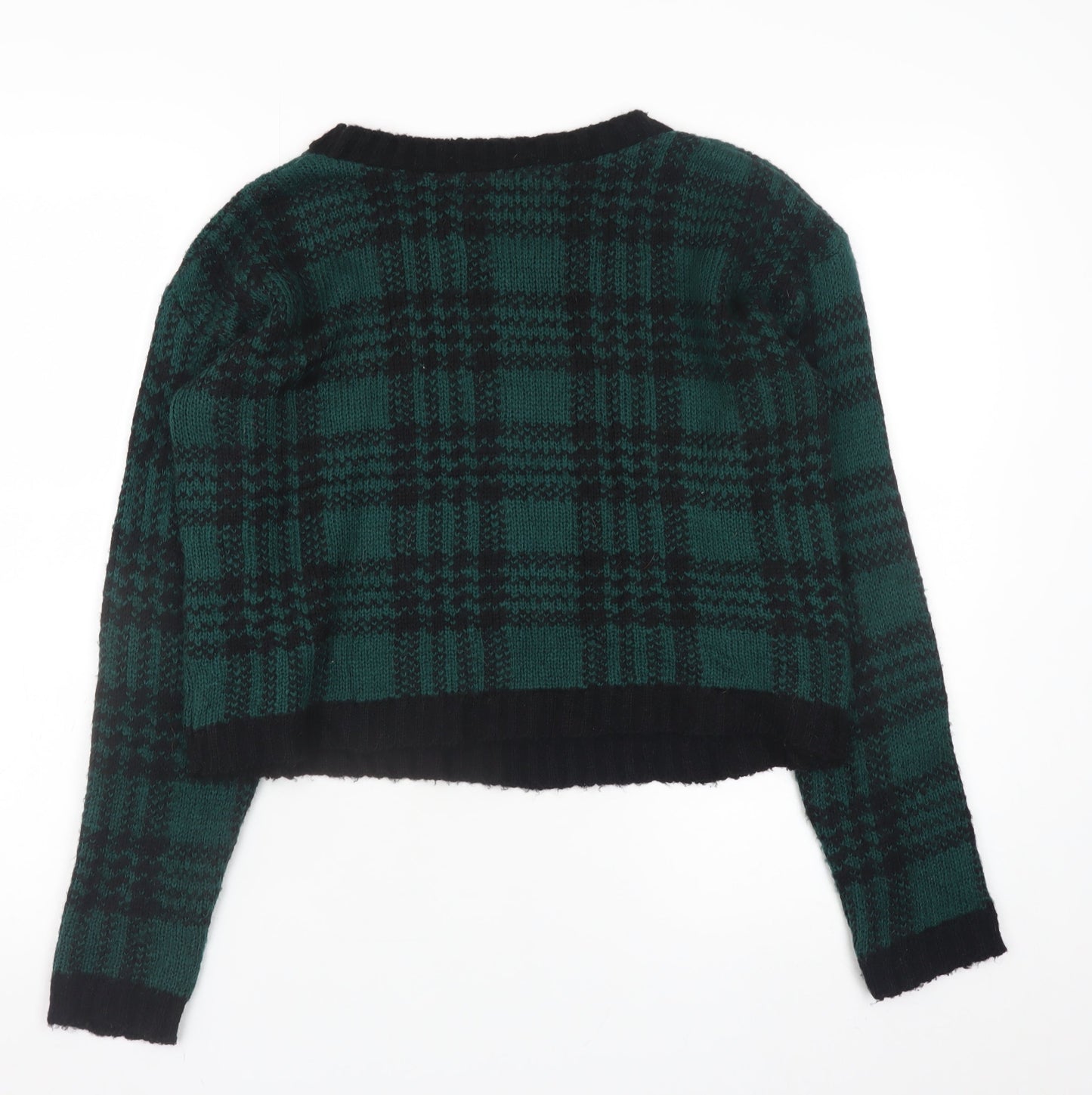 Boohoo Womens Green Black Checked Chunky Knit Crew Neck Jumper Size M