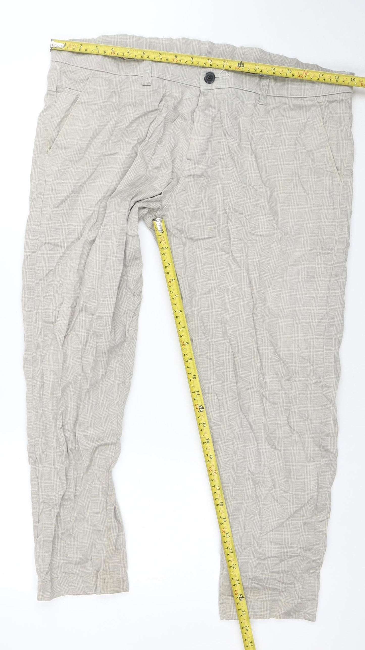 Saffron Premium Men's Beige Check Chino Trousers Size 38 Regular Fit