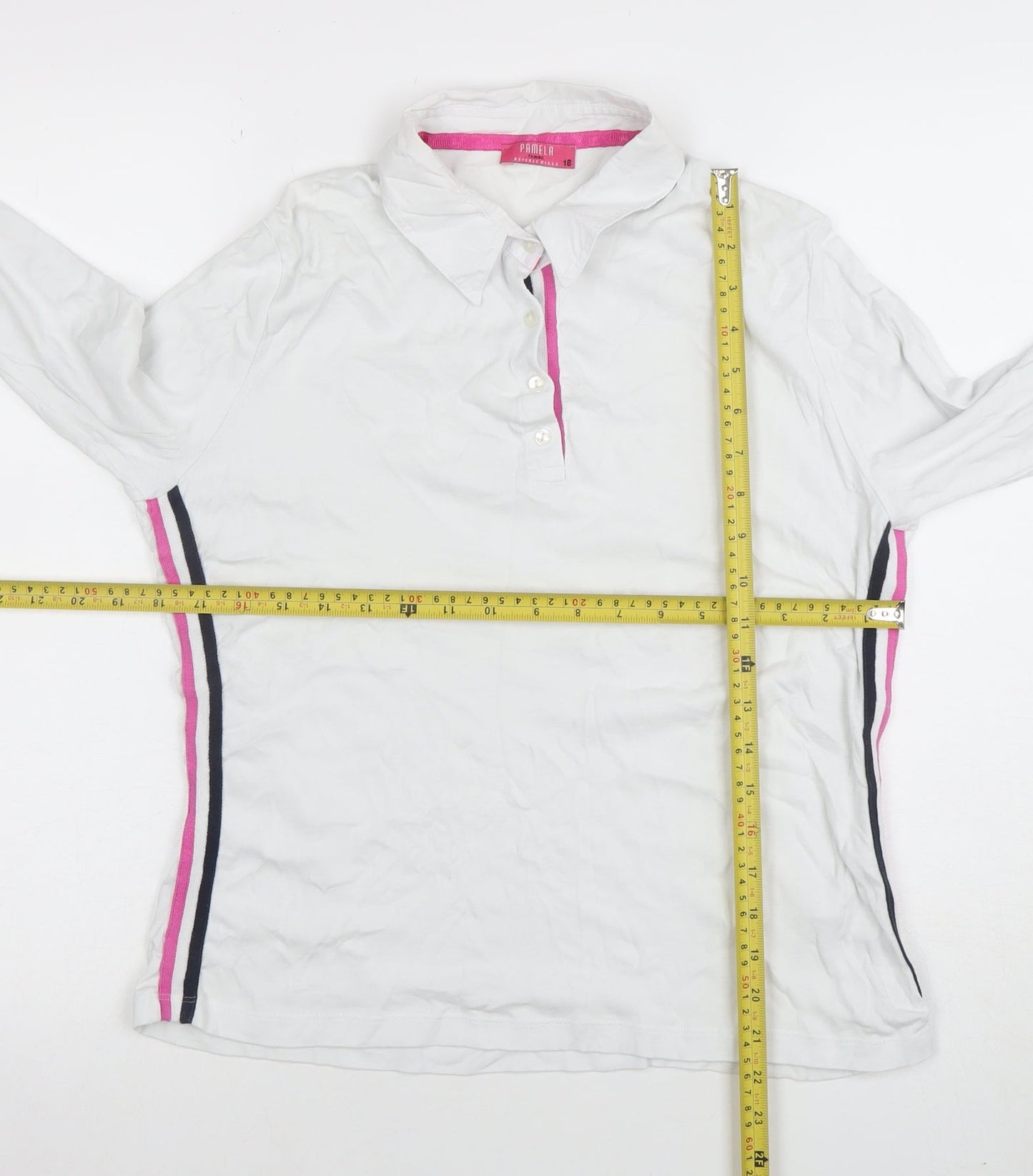 Pamela Femme Beverly Hills Womens White Polo Shirt UK 18 3/4 Sleeve Cotton