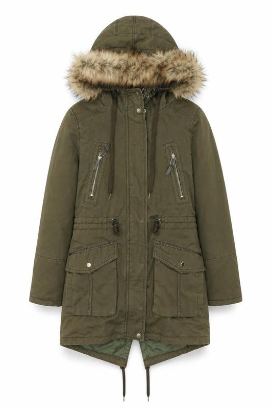 Bershka Women Green Faux Fur Hooded Parka Jacket Size 10