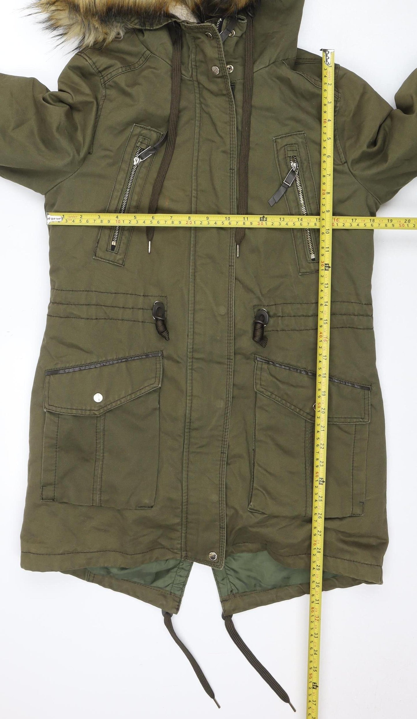 Bershka Women Green Faux Fur Hooded Parka Jacket Size 10
