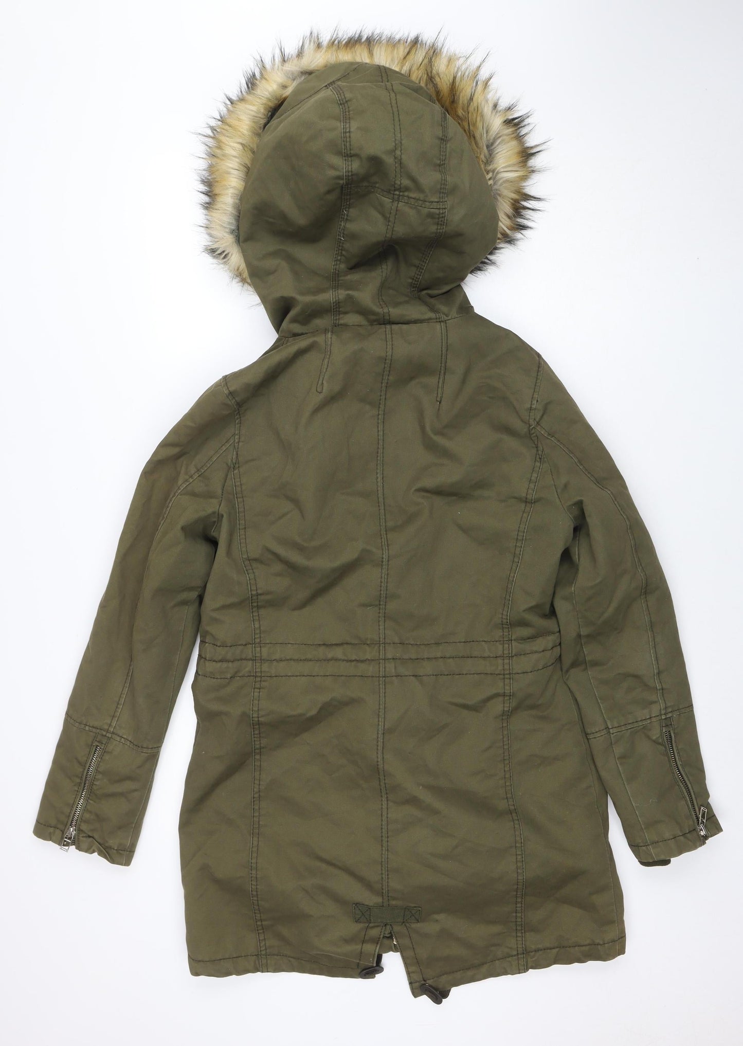 Bershka Women Green Faux Fur Hooded Parka Jacket Size 10