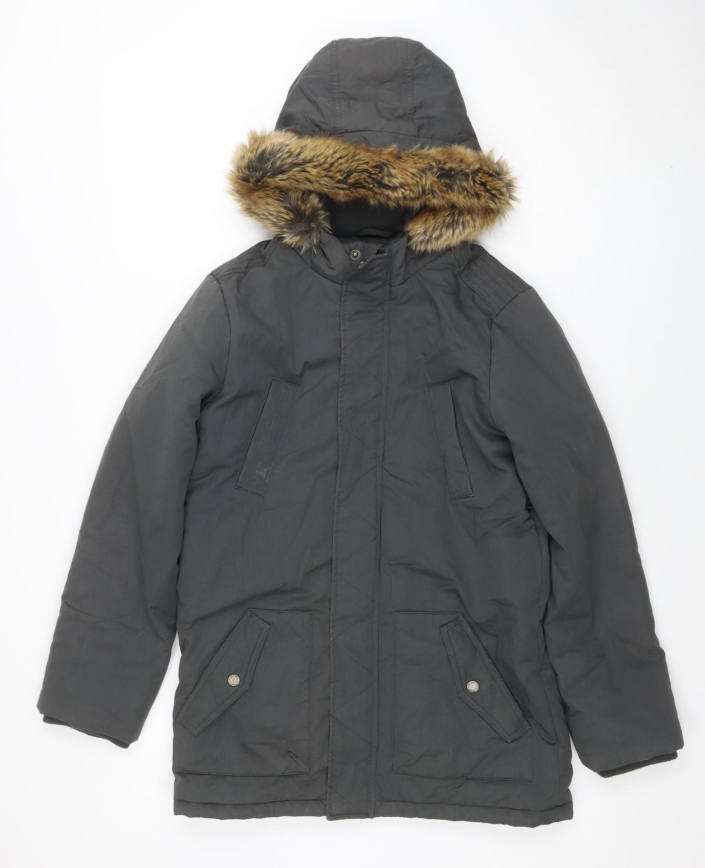 FatFace Girls Grey 12-13 Years Hooded Faux Fur Trim Winter Parka Coat