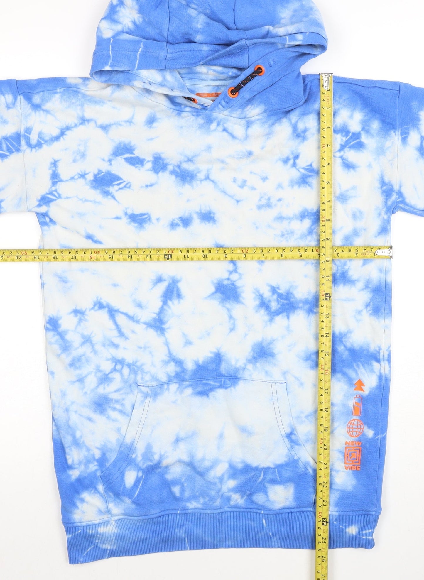 F&F Boys Blue Tie-Dye Short Sleeve Pullover Hoodie Age 13-14 Years