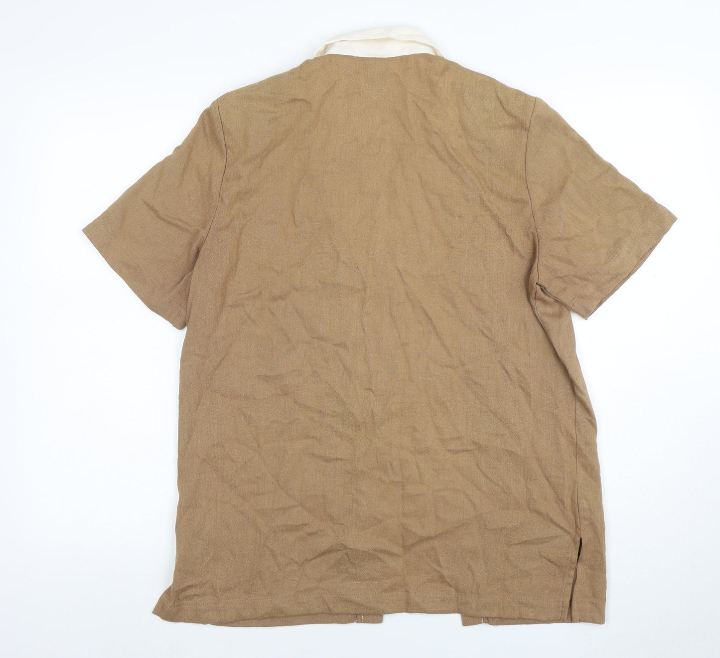 Alfred Dunner Womens Beige Short Sleeve Embroidered Linen Blend Blouse Size 10