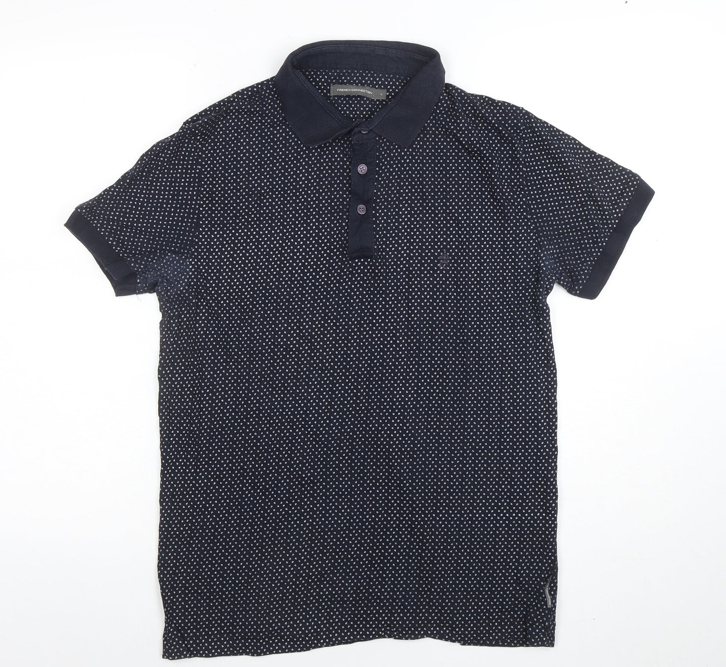 French Connection Men's Navy Polka Dot Cotton Polo Shirt Size L