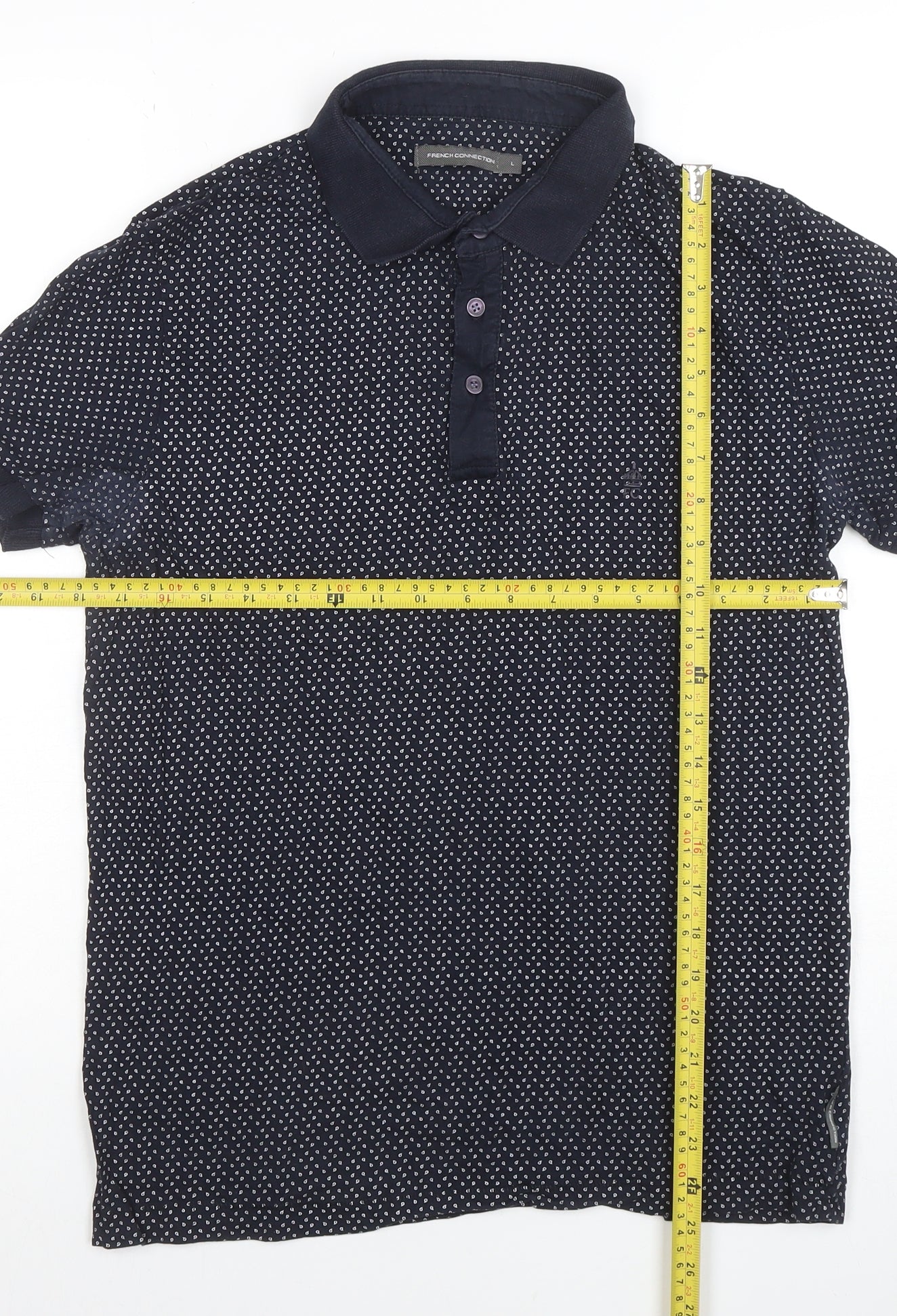 French Connection Men's Navy Polka Dot Cotton Polo Shirt Size L